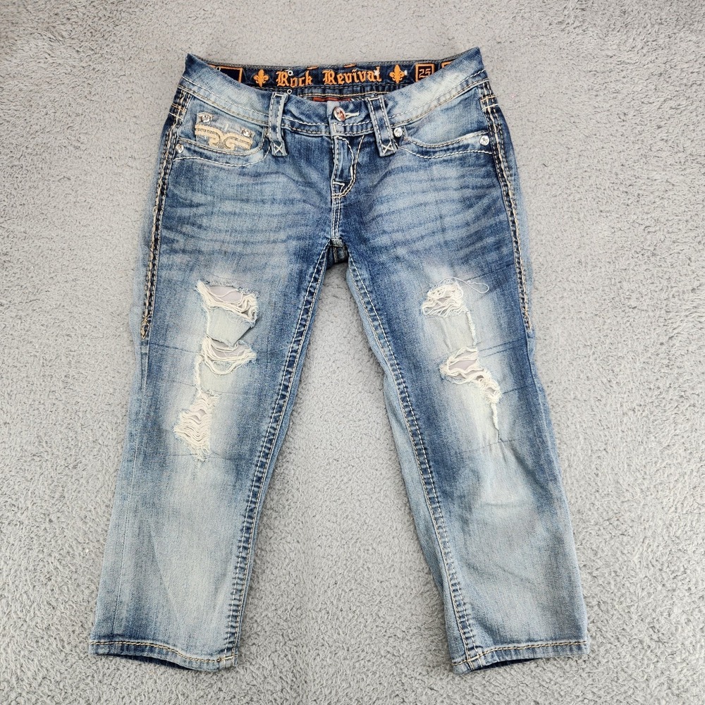Rock Revival Vivian Crop Denim Jeans Women's Size 25 Blue Distressed